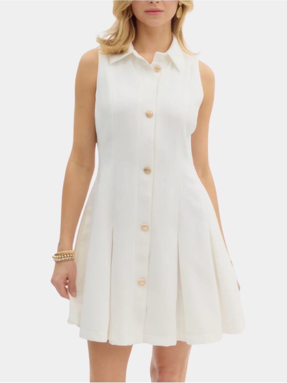 entro White Sleeveless Collared Dress with Gold Buttons with pockets
